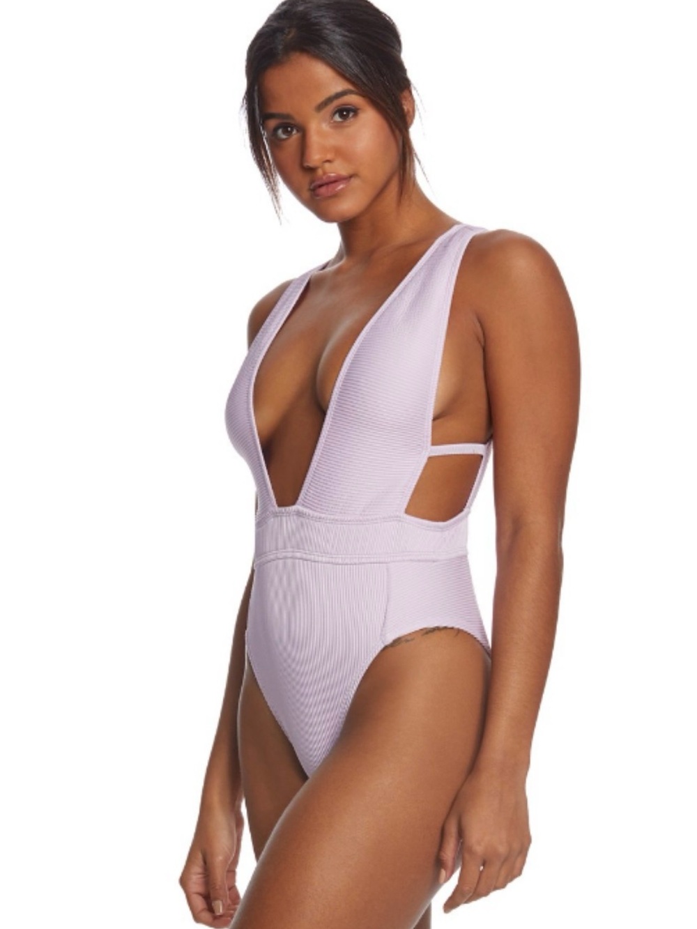 The Bikini Lab Plunge Purple/lavender Ribbed One-Piece Swimsuit Size L